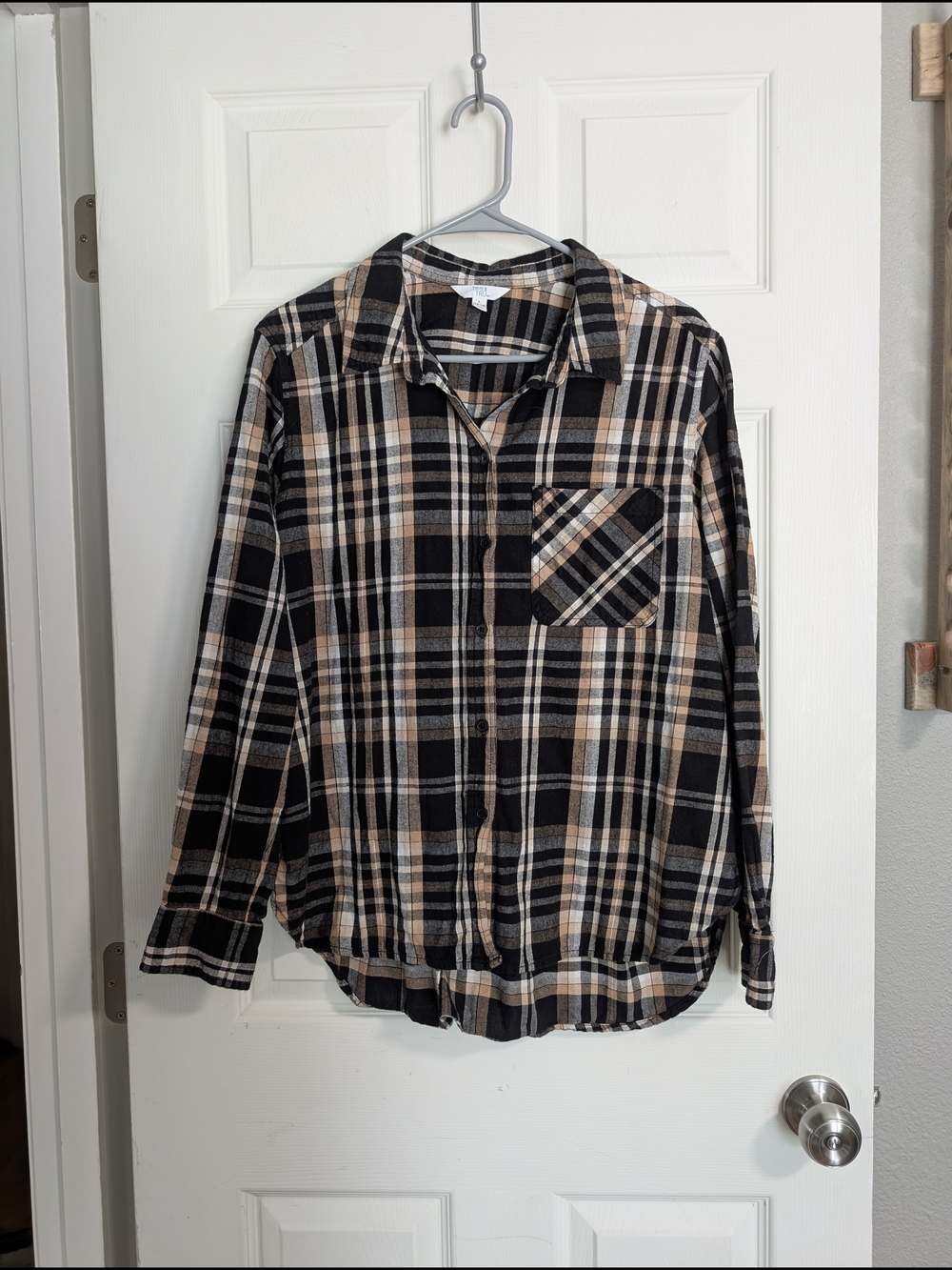 Time and Tru Black, Tan & Cream Plaid Shirt